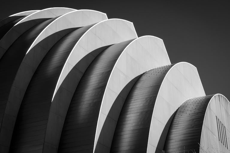A striking monochrome view of the Kauffman Center's unique architecture in Kansas City.