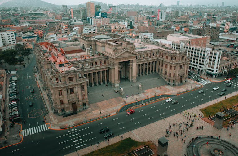 Aerial shot of Palace of Justice in Lima, capturing urban landscape and architecture.
