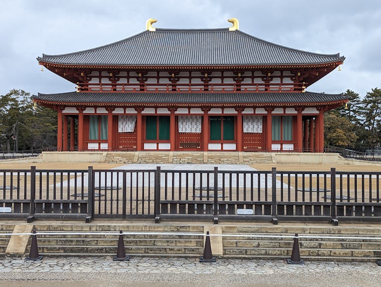 Front view of the historic Kofuku-Ji Temple, showcasing traditional Japanese architecture in Nara.