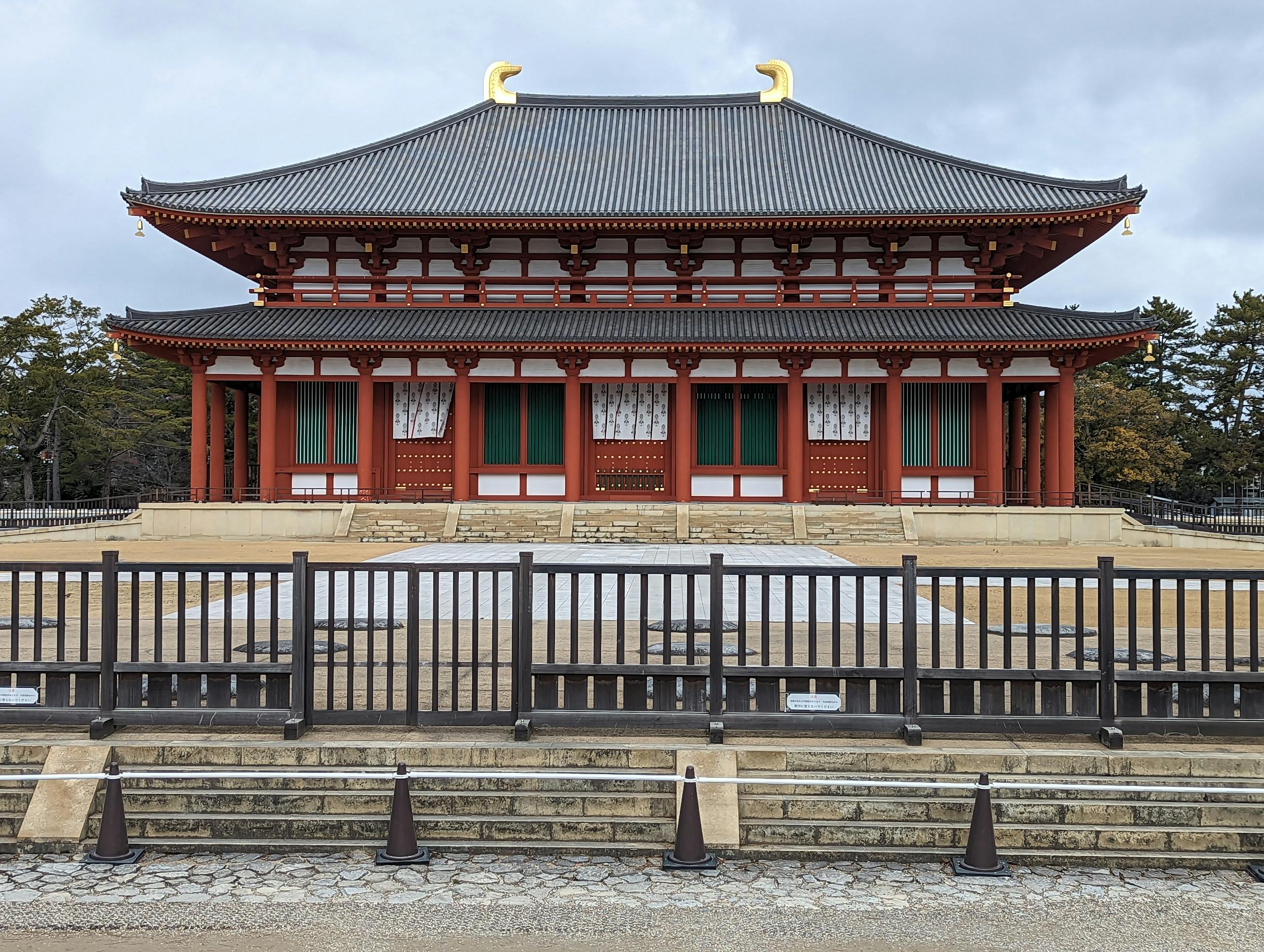 Front view of the historic Kofuku-Ji Temple, showcasing traditional Japanese architecture in Nara.