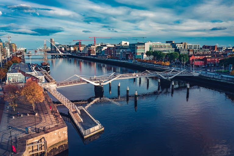Stunning aerial view of Dublin cityscape featuring the river, modern architecture, and bridges.