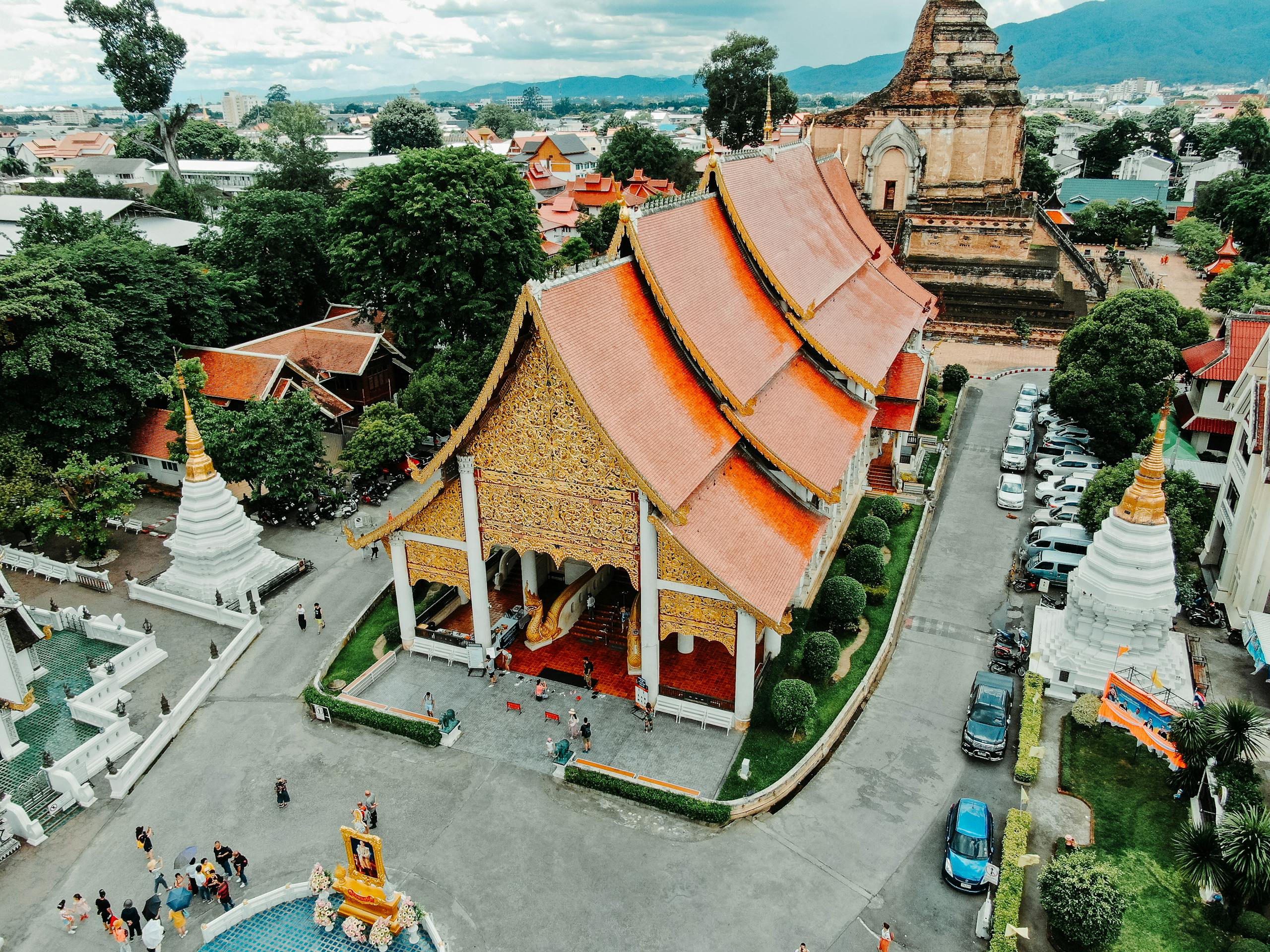 Stunning aerial view of Wat Chedi Luang, showcasing traditional Thai architecture in Chiang Mai, Thailand.